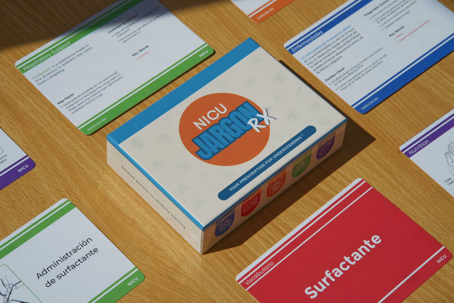 NICU Jargon Rx flash cards and retail box displayed on a wooden desk