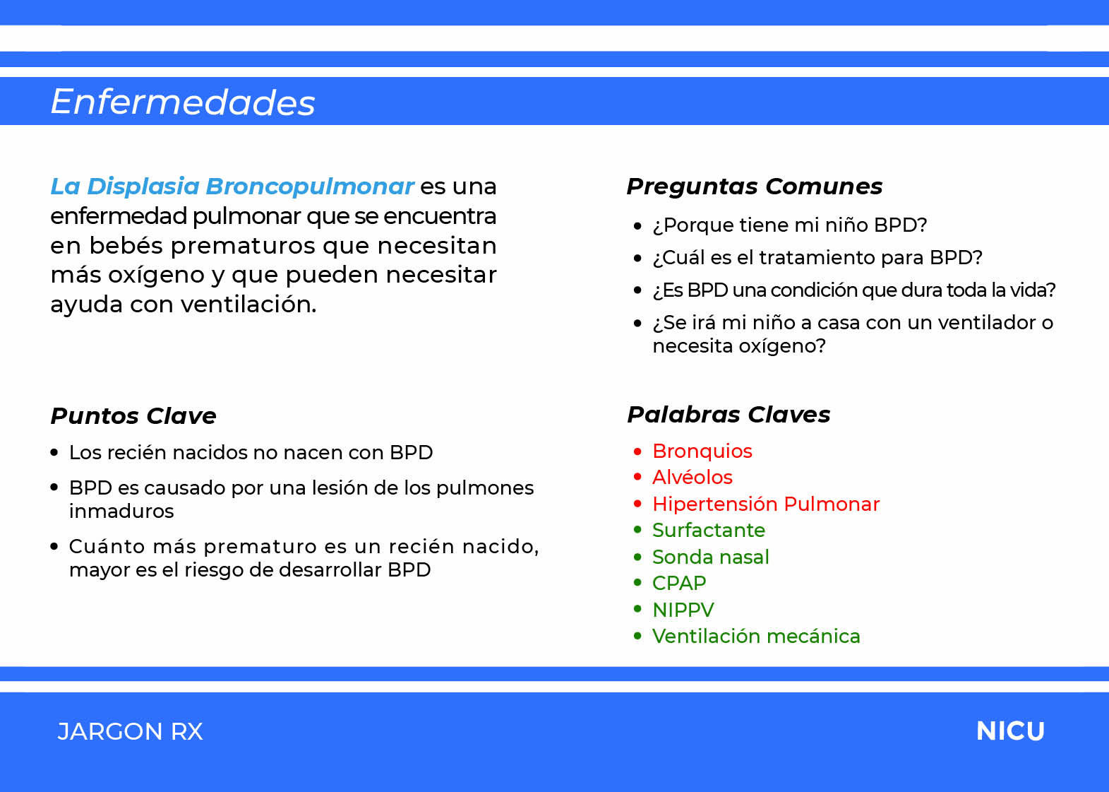 NICU Jargon Rx Bronchopulmonary Dysplasia card, Spanish back